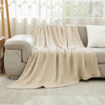 EMME Cotton Bed Blanket Soft Muslin Boho Bedding Lightweight Breathable Twin Blanket All Season Gauze Blanket, Light Tan