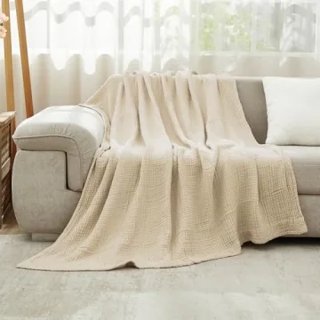 EMME Cotton Bed Blanket Soft Muslin Boho Bedding Lightweight Breathable Twin Blanket All Season Gauze Blanket, Light Tan