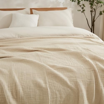 EMME Cotton Bed Blanket Soft Muslin Boho Bedding Lightweight Breathable Twin Blanket All Season Gauze Blanket, Light Tan