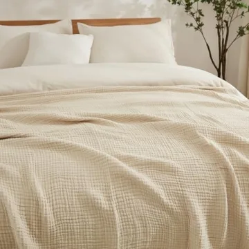 EMME Cotton Bed Blanket Soft Muslin Boho Bedding Lightweight Breathable Twin Blanket All Season Gauze Blanket, Light Tan