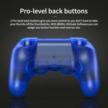 AKNES 8Bitdo Pro 2 Bluetooth Controller, Hall Effect Joystick Update, Gaming Controller Compatible with Switch, Apple, Windows, Steam Deck, Android and Raspberry Pi - Transparent Blue