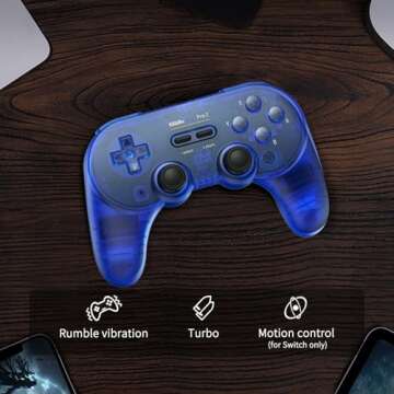 AKNES 8Bitdo Pro 2 Bluetooth Controller, Hall Effect Joystick Update, Gaming Controller Compatible with Switch, Apple, Windows, Steam Deck, Android and Raspberry Pi - Transparent Blue