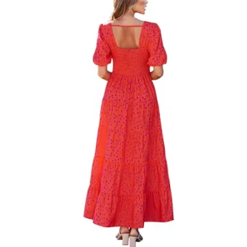 PRETTYGARDEN Short Sleeve Floral Cute Spring Dresses for Women 2024 Wedding Guest Dress Maxi Smocked Beach Summer Dress (Red Leopard,Small)