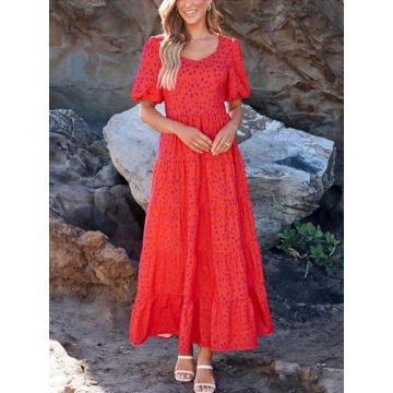 PRETTYGARDEN Short Sleeve Floral Cute Spring Dresses for Women 2024 Wedding Guest Dress Maxi Smocked Beach Summer Dress (Red Leopard,Small)