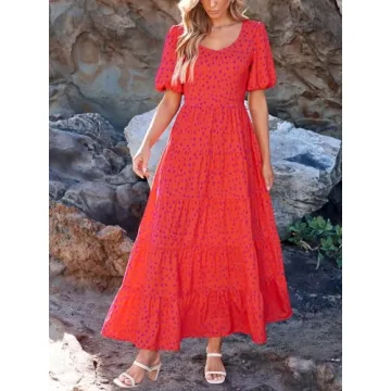 PRETTYGARDEN Short Sleeve Floral Cute Spring Dresses for Women 2024 Wedding Guest Dress Maxi Smocked Beach Summer Dress (Red Leopard,Small)