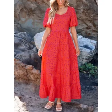 PRETTYGARDEN Short Sleeve Floral Cute Spring Dresses for Women 2024 Wedding Guest Dress Maxi Smocked Beach Summer Dress (Red Leopard,Small)