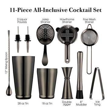 11-Piece Bartender Kit Boston Cocktail Shaker Bar Set by VinoBravo : 2 Weighted Shaker Tins, Strainer Set, Double Jigger, Bar Spoon, Ice Muddler & Tong, 2 Liquor Pourers & Recipe Guide (Black)
