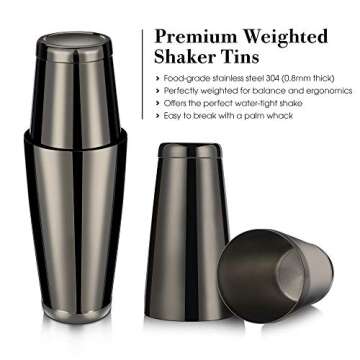 11-Piece Bartender Kit Boston Cocktail Shaker Bar Set by VinoBravo : 2 Weighted Shaker Tins, Strainer Set, Double Jigger, Bar Spoon, Ice Muddler & Tong, 2 Liquor Pourers & Recipe Guide (Black)