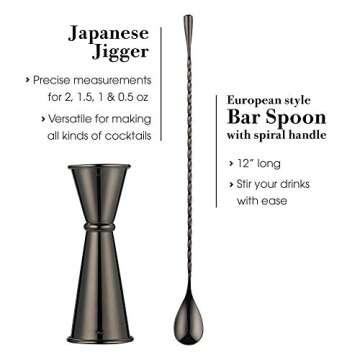 11-Piece Bartender Kit Boston Cocktail Shaker Bar Set by VinoBravo : 2 Weighted Shaker Tins, Strainer Set, Double Jigger, Bar Spoon, Ice Muddler & Tong, 2 Liquor Pourers & Recipe Guide (Black)