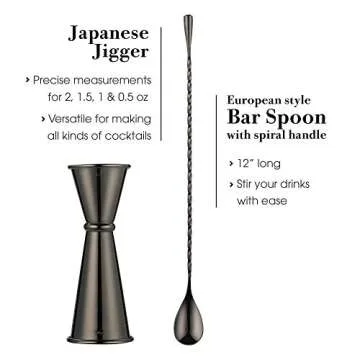 11-Piece Bartender Kit Boston Cocktail Shaker Bar Set by VinoBravo : 2 Weighted Shaker Tins, Strainer Set, Double Jigger, Bar Spoon, Ice Muddler & Tong, 2 Liquor Pourers & Recipe Guide (Black)