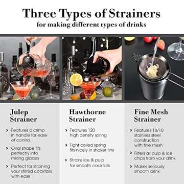 11-Piece Bartender Kit Boston Cocktail Shaker Bar Set by VinoBravo : 2 Weighted Shaker Tins, Strainer Set, Double Jigger, Bar Spoon, Ice Muddler & Tong, 2 Liquor Pourers & Recipe Guide (Black)