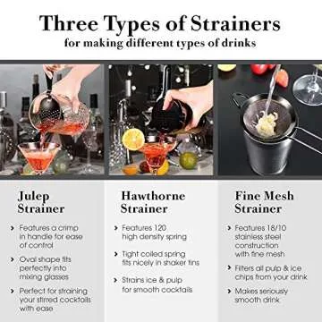 11-Piece Bartender Kit Boston Cocktail Shaker Bar Set by VinoBravo : 2 Weighted Shaker Tins, Strainer Set, Double Jigger, Bar Spoon, Ice Muddler & Tong, 2 Liquor Pourers & Recipe Guide (Black)