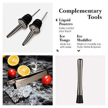 11-Piece Bartender Kit Boston Cocktail Shaker Bar Set by VinoBravo : 2 Weighted Shaker Tins, Strainer Set, Double Jigger, Bar Spoon, Ice Muddler & Tong, 2 Liquor Pourers & Recipe Guide (Black)