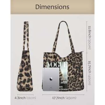 Prite Corduroy Tote Bag for Women Large Shoulder Bag with Zipper and Pockets for College Work Travel Shopping(Leopard Print)