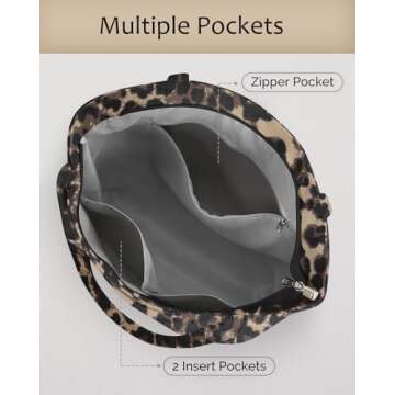 Prite Corduroy Tote Bag for Women Large Shoulder Bag with Zipper and Pockets for College Work Travel Shopping(Leopard Print)