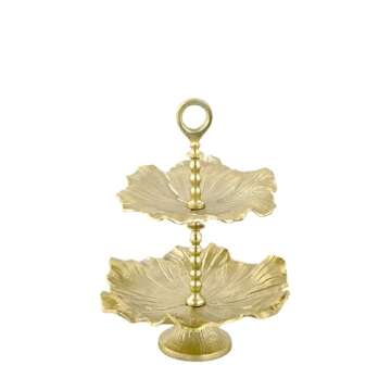 Cruiser’s Caché | 2-Tiered 17" Metal Serving Stand | Cast Leaf Design Gold Finish. for Cupcakes, Deserts, Appetizers, Weddings, Parties