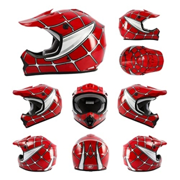 TCMT Dot Youth & Kids Motocross Offroad Street Red Spider Motorcycle Helmet with Goggles and Gloves ...