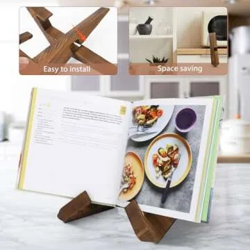 Wooden Cookbook Display Stand Holder - Adjustable, Foldable, Rustic Wood Design, Great for Kitchen Countertops, Tablets, Recipe Books, and Photos, Perfect Gift for Home Chefs and Cooking Lovers