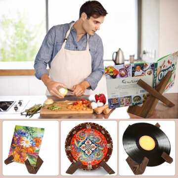 Wooden Cookbook Display Stand Holder - Adjustable, Foldable, Rustic Wood Design, Great for Kitchen Countertops, Tablets, Recipe Books, and Photos, Perfect Gift for Home Chefs and Cooking Lovers