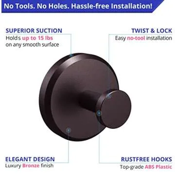HOME SO Suction Cup Hooks for Shower, Bathroom, Kitchen, Glass Door, Mirror, Tile – Loofah, Towel, Coat, Bath Robe Hook Holder for Hanging up to 15 lbs – Waterproof & Rustproof, Dark Bronze (4-Pack)