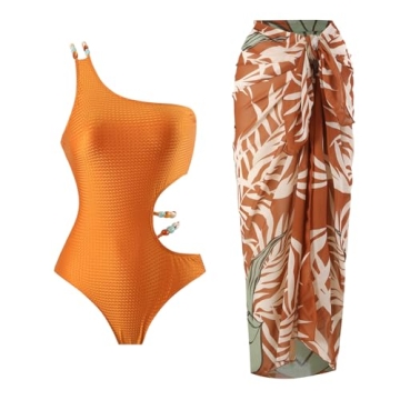 Shiny Orange One Piece Halter Bikini with Cover Up & Sarong - Flattering Push Up Swimwear