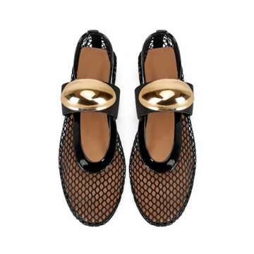 DOEYG Black Mesh Ballet Flats for Women Round Toe Mesh Flats Ballet Shoes Buckle Strap Mesh Mary Jane Flats Comfy Casual Office Summer Fishnet Ballerina Flats Shoes Size 10