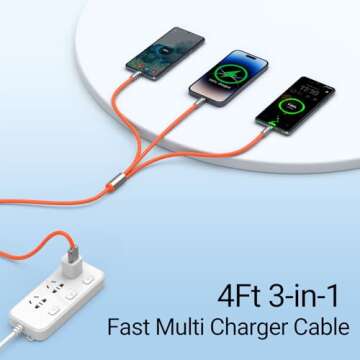 BROWEY Multi Charging Cable, 3 in 1 Charger Cord, 60W USB-C Fast Charge, 4ft Multiple USB Cable Univ...