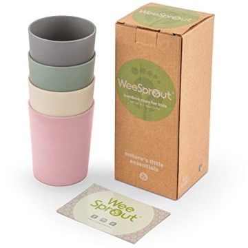 WeeSprout Bamboo Toddler Cups - 4 pc Set (10 fl oz), Organic & Non-Plastic Cup Pack for Toddlers, Big Kids or Baby, Natural