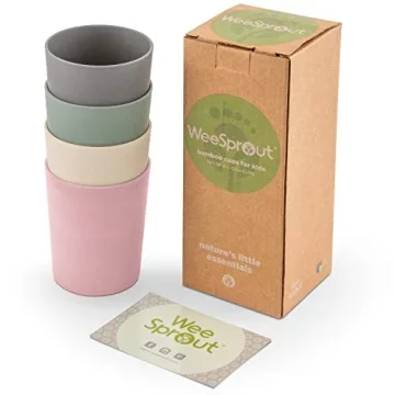 WeeSprout Bamboo Toddler Cups - 4 pc Set (10 fl oz), Organic & Non-Plastic Cup Pack for Toddlers, Big Kids or Baby, Natural