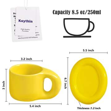 Koythin Ceramic Coffee Chubby Mug Saucer Set, Creative Cute Fat Handle Cup with Saucer for Office and Home, Dishwasher and Microwave Safe, 10 oz for Latte Tea Milk (Bright Yellow)