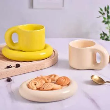Koythin Ceramic Coffee Chubby Mug Saucer Set, Creative Cute Fat Handle Cup with Saucer for Office and Home, Dishwasher and Microwave Safe, 10 oz for Latte Tea Milk (Bright Yellow)