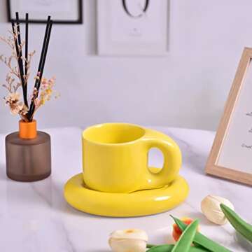 Koythin Ceramic Coffee Chubby Mug Saucer Set, Creative Cute Fat Handle Cup with Saucer for Office and Home, Dishwasher and Microwave Safe, 10 oz for Latte Tea Milk (Bright Yellow)