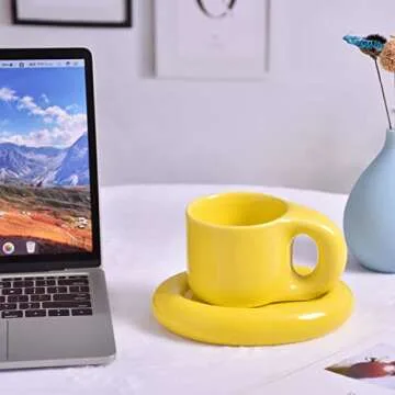 Koythin Ceramic Coffee Chubby Mug Saucer Set, Creative Cute Fat Handle Cup with Saucer for Office and Home, Dishwasher and Microwave Safe, 10 oz for Latte Tea Milk (Bright Yellow)