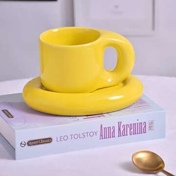 Koythin Ceramic Coffee Chubby Mug Saucer Set, Creative Cute Fat Handle Cup with Saucer for Office and Home, Dishwasher and Microwave Safe, 10 oz for Latte Tea Milk (Bright Yellow)