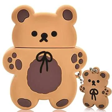 Cute AirPods Cases with Bear Keychain Cartoon Biscuit Bear Design Full Protective Silicone Cover Com...