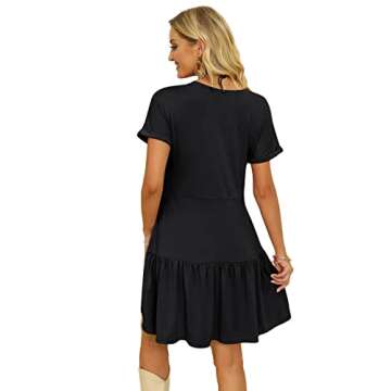 YIBOCK Women's Summer Short Sleeve Crew Neck T Shirt Dress Casual Loose Swing Dress with Pocket Black Large