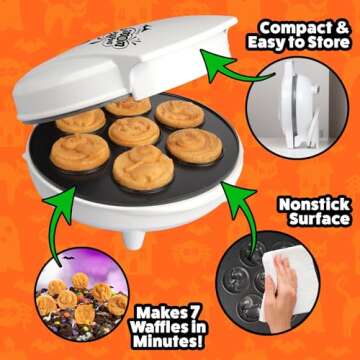 Halloween Mini Waffle Maker - 7 Different Spooky Designs, Make Breakfast Fun with Electric Nonstick Waffler Iron Featuring a Pumpkin Bat Ghost Spider & More, Unique Holiday Breakfast for Kids or Gift