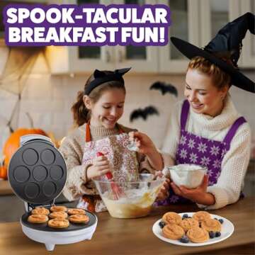 Halloween Mini Waffle Maker - 7 Different Spooky Designs, Make Breakfast Fun with Electric Nonstick Waffler Iron Featuring a Pumpkin Bat Ghost Spider & More, Unique Holiday Breakfast for Kids or Gift