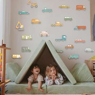 Car and Truck Wall Decals - Nursery Decor, Watercolor Wall Art, Kids Room Decal, Transportation Wall Stickers (Car Wall Deco)