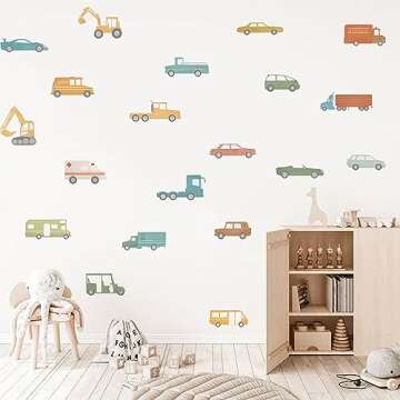 Car and Truck Wall Decals - Nursery Decor, Watercolor Wall Art, Kids Room Decal, Transportation Wall Stickers (Car Wall Deco)