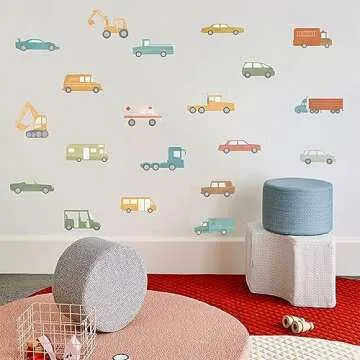 Car and Truck Wall Decals - Nursery Decor, Watercolor Wall Art, Kids Room Decal, Transportation Wall Stickers (Car Wall Deco)
