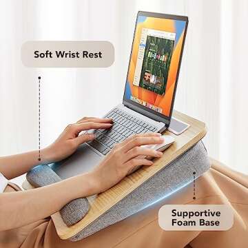 HUANUO Lap Laptop Desk - Portable Lap Desk with Pillow Cushion, Fits up to 15.6 inch Laptop, with Anti-Slip Strip & Storage Function for Home Office Students Use as Computer Laptop Stand - Light Wood