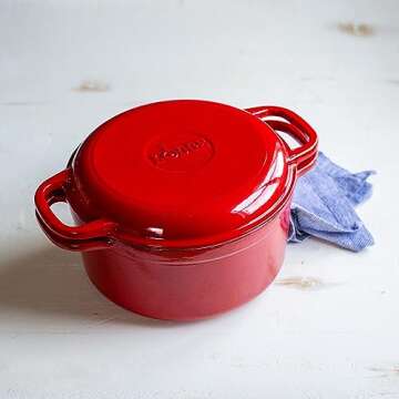 Lodge 7 Quart Essential Enameled Cast Iron Double Dutch Oven - Dual Handles – Lid Doubles as Grill Pan, Oven Safe up to 500° F or on Stovetop - Use to Marinate, Cook, Bake, Refrigerate & Serve – Red