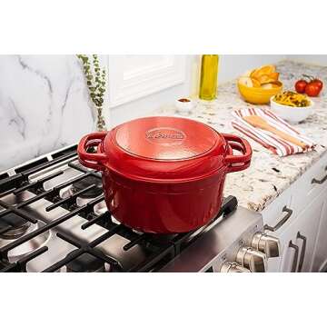 Lodge 7 Quart Essential Enameled Cast Iron Double Dutch Oven - Dual Handles – Lid Doubles as Grill Pan, Oven Safe up to 500° F or on Stovetop - Use to Marinate, Cook, Bake, Refrigerate & Serve – Red