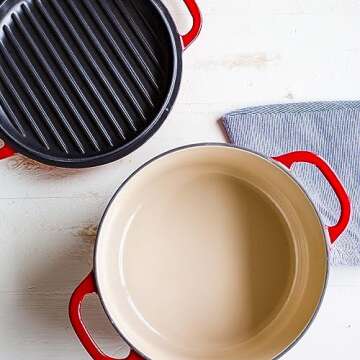 Lodge 7 Quart Essential Enameled Cast Iron Double Dutch Oven - Dual Handles – Lid Doubles as Grill Pan, Oven Safe up to 500° F or on Stovetop - Use to Marinate, Cook, Bake, Refrigerate & Serve – Red