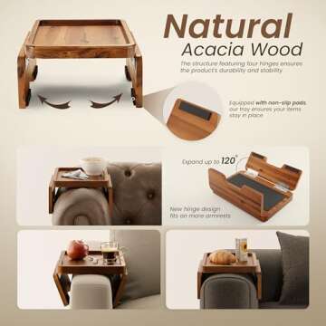 HOLANA Acacia Wood Sofa Armrest Tray with Double Hinge