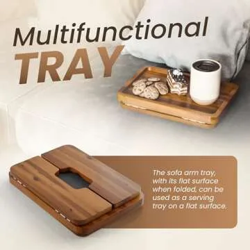 HOLANA Acacia Wood Sofa Armrest Tray with Double Hinge