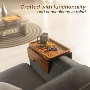 HOLANA Acacia Wood Sofa Armrest Tray with Double Hinge