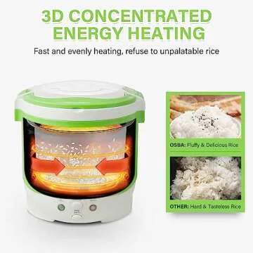 OSBA Mini Rice Cooker, 1L Travel Rice Cooker Small 12V For Car, Cooking For Soup Porridge and Rice, Cooking Heating and Keeping Warm Function(Green)
