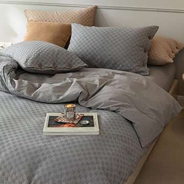 VM VOUGEMARKET Plaid Duvet Cover Set Queen,Waffle Weave Duvet Cover with Button Closure- Hotel Quality 100% Cotton - Luxurious, Comfortable, Breathable, Soft and Extremely Durable (Queen,Gray)